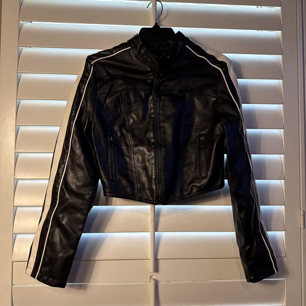 Love Tree Cropped Faux Leather Biker Jacket with Stripes Size S